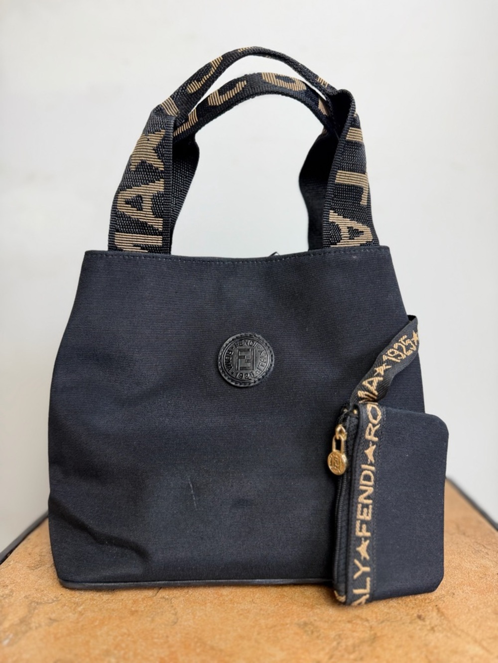 Fendi Vintage Mini Tote Bag Black Nylon FF Logo Straps Italy + Pouch